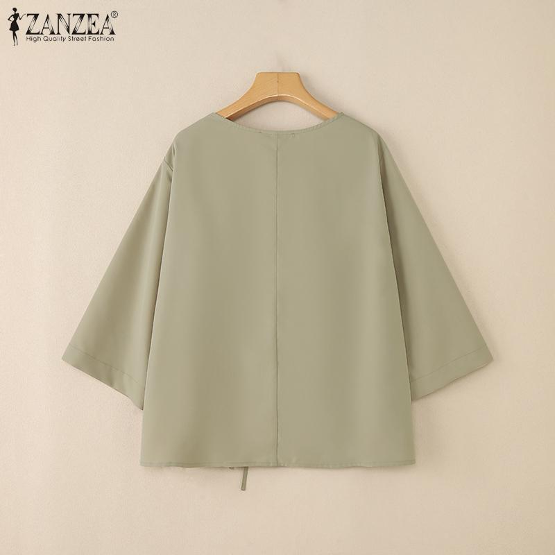 ZANZEA Damen Lässiges Rundhals 3/4-Ärmel Lockere Bluse mit Kordelzug