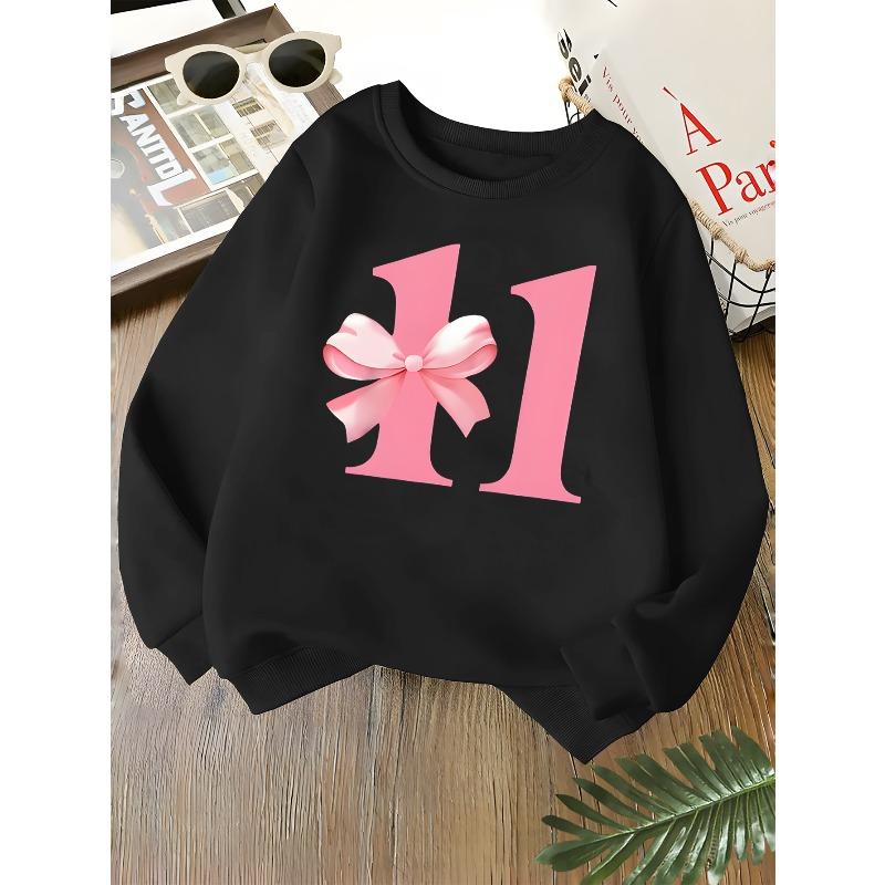 Kids Unisex Crewneck Sweatshirt, Cute Pink Bow Number 11 Birthday Print Soft Fleece Long Sleeve Pullover For Boys Girls Over 4 Years Old