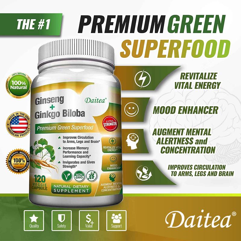 Ginseng & Ginkgo Biloba Nahrungsergänzungskapseln, 120 vegetarische Kapseln 60-Tage-Vorrat