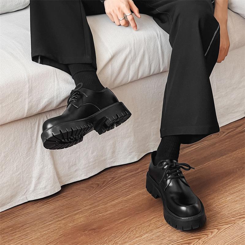 Round head Derby shoes men's high-end matte black big head shoes British platform heightening retro leather shoes 2112-J