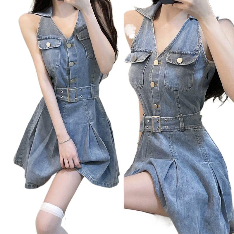 Women's Retro Denim Halter A-line Dress - Sweet & Spicy Style, Slimming Waist, Small Height Fit for Summer