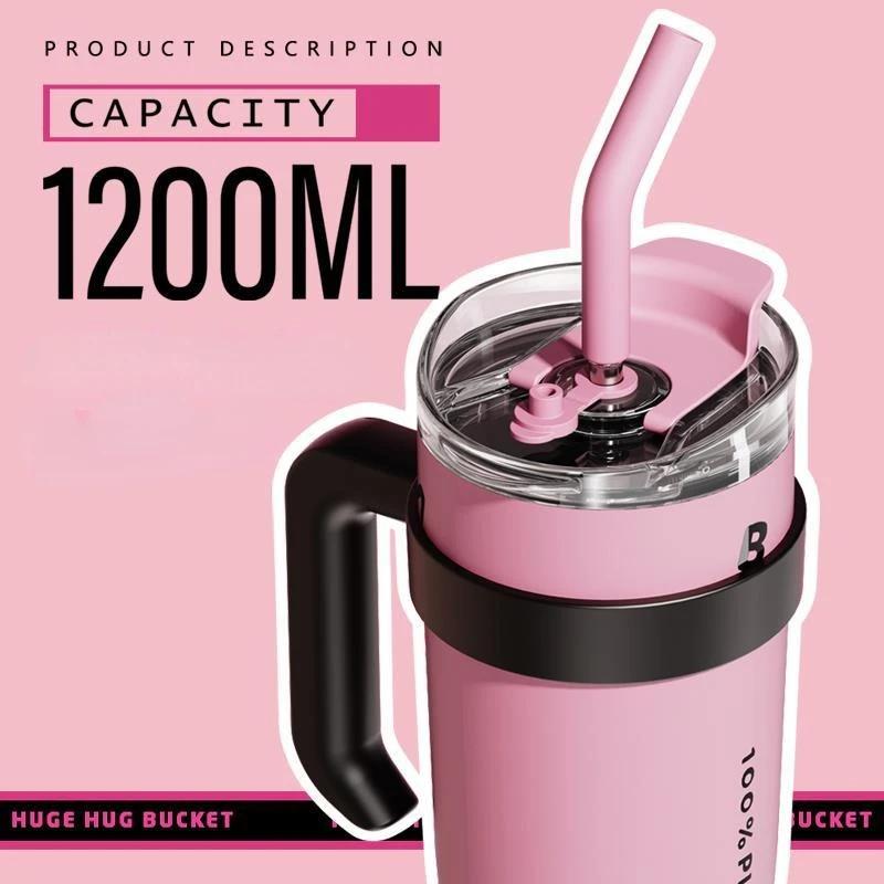 1.2L Dual - Drink Insulated Tumbler, Sweet - Cool Black - Pink Large - Capacity Portable Straw Cup With Handle And Straw