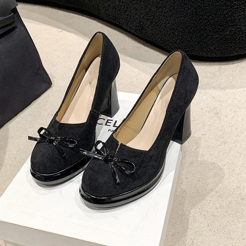 10Cm high heels women's round head single shoes 2025 spring new fashion bow thick heel waterproof table temperament advanced sense