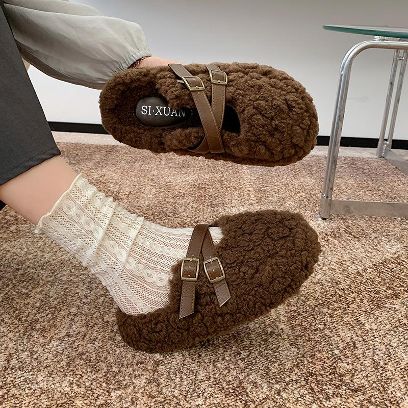Leopard print fluffy shoes 2025 autumn and winter new thick-soled outer wear versatile fashion warm and height-increasing plush cotton slippers
