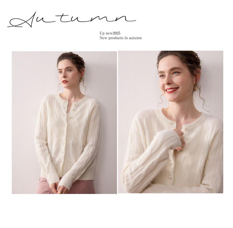 Soft Cashmere Knit Cardigan - Women's Autumn/Winter Solid Color Single-Breasted Cable Knit Round Neck Outerwear