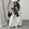 Pantaloni Lunghi Casual Larghi a Gamba Larga Vita Alta Elastica Stampa Foglie Bianco Nero da Donna