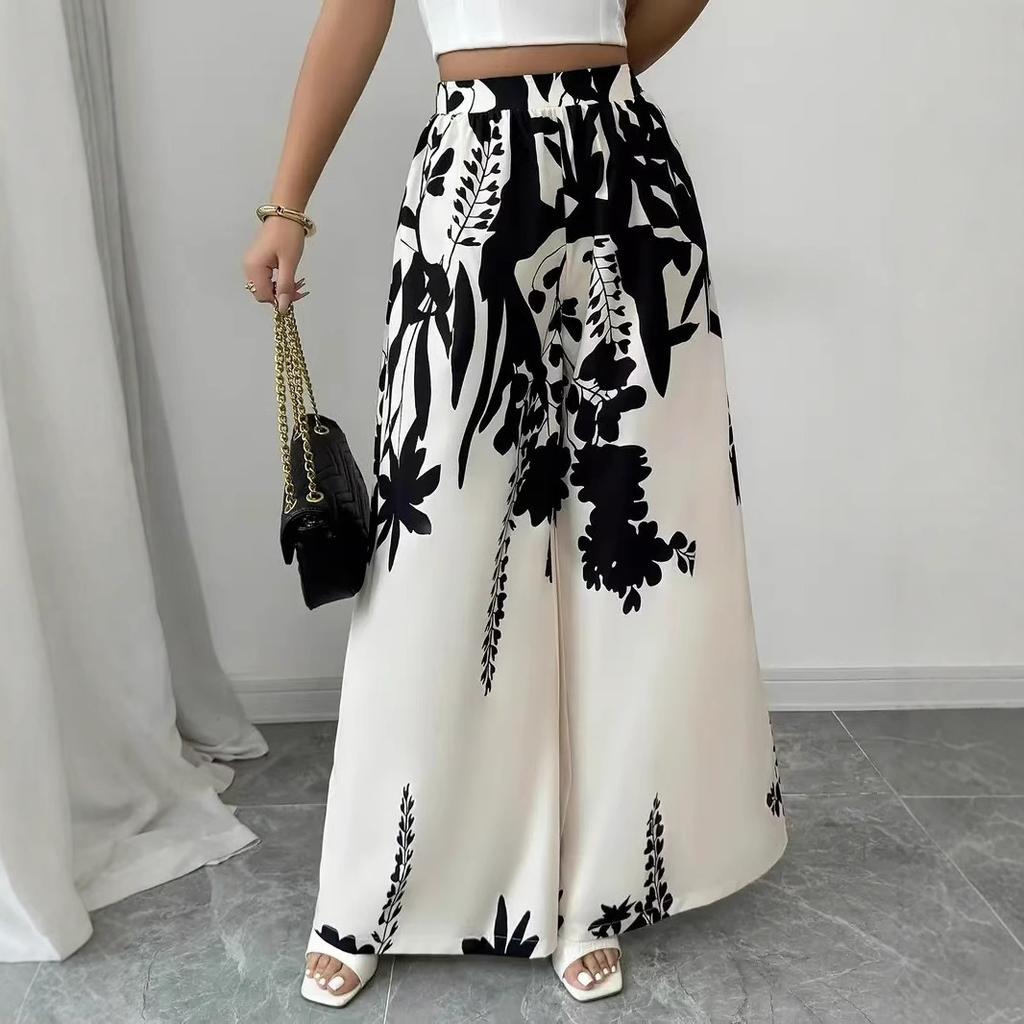 Pantaloni Lunghi Casual Larghi a Gamba Larga Vita Alta Elastica Stampa Foglie Bianco Nero da Donna
