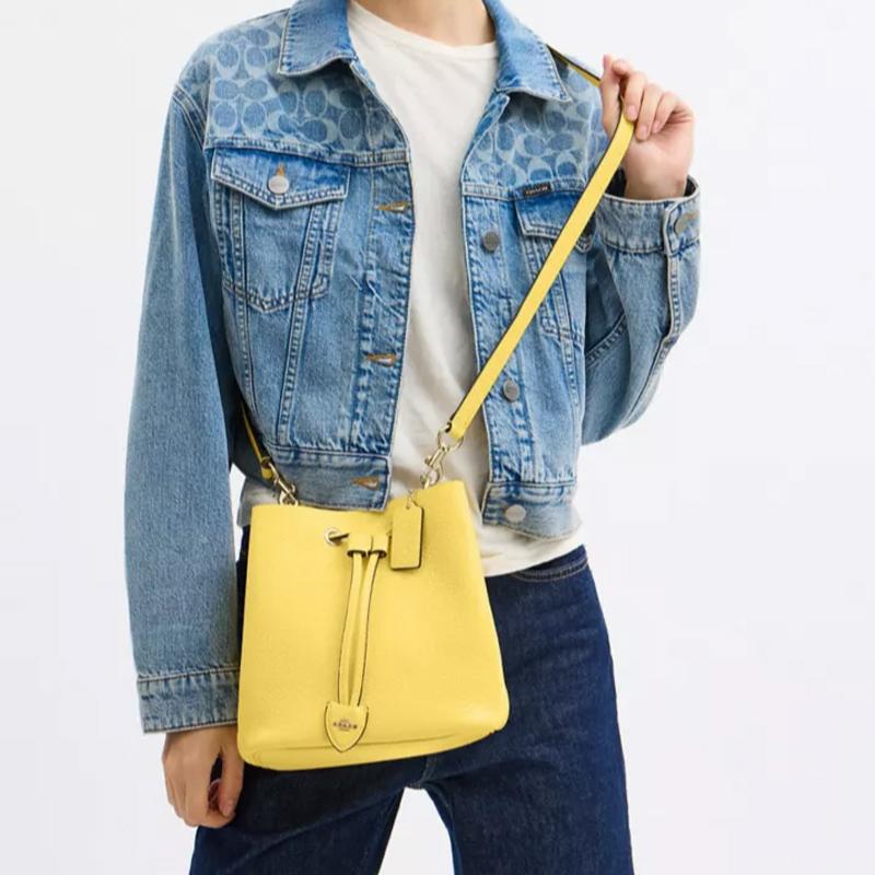 Coach Rowan 21 Gold Hardware Leather Bucket Bag Crossbody Shoulder Bag Small Women Yellow