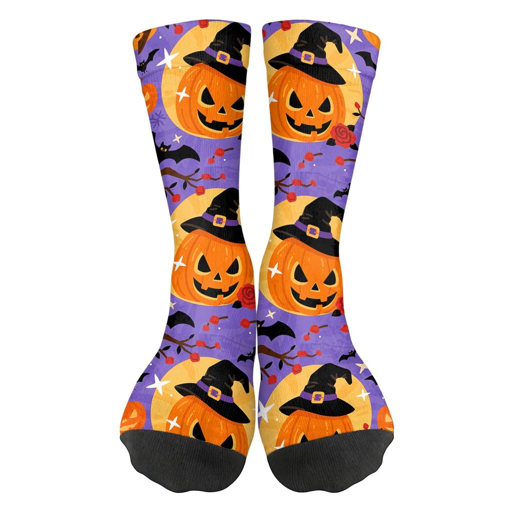 Unisex Breathable Mid-Calf Socks Halloween Patterned Comfortable Stretch Crew Socks Suitable for Daily Wear and Seasonal Use