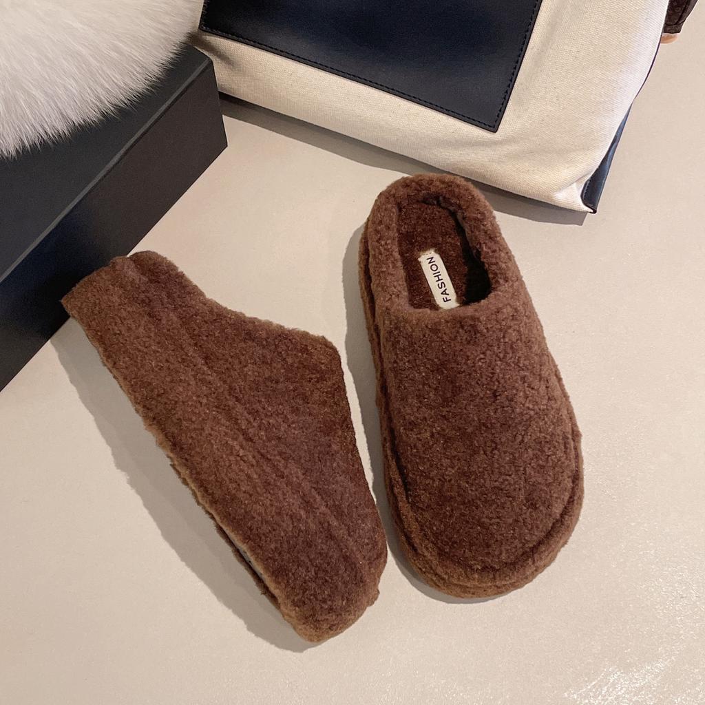 2025 Autumn and Winter Outer Wear Ugly Cute Big Head Female Retro Bag Head Cotton Fluffy Half Slippers Velvet Warm One Pedal Lazy