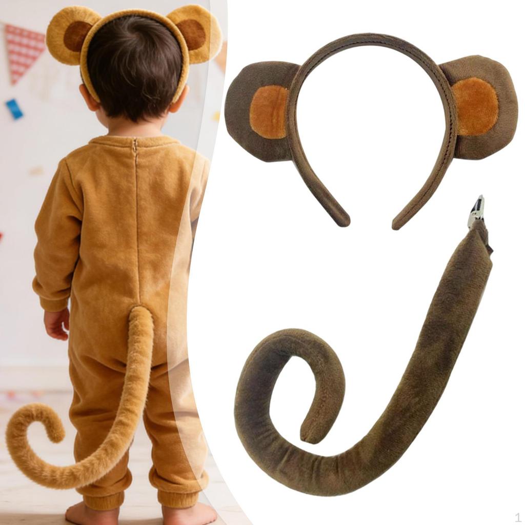 Zestaw Uszu i Ogonu Małpy Uroczy, Akcesoria Kostiumowe na Imprezy Tematyczne Zwierzęta