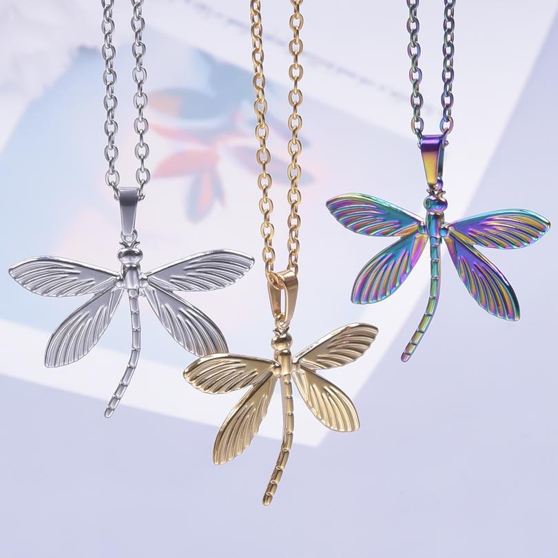 1Pc Personality Minimalism Dragonfly Pendant Necklace Metal Stainless Steel Charms Necklace Real Gold Plated For Women Jewelry