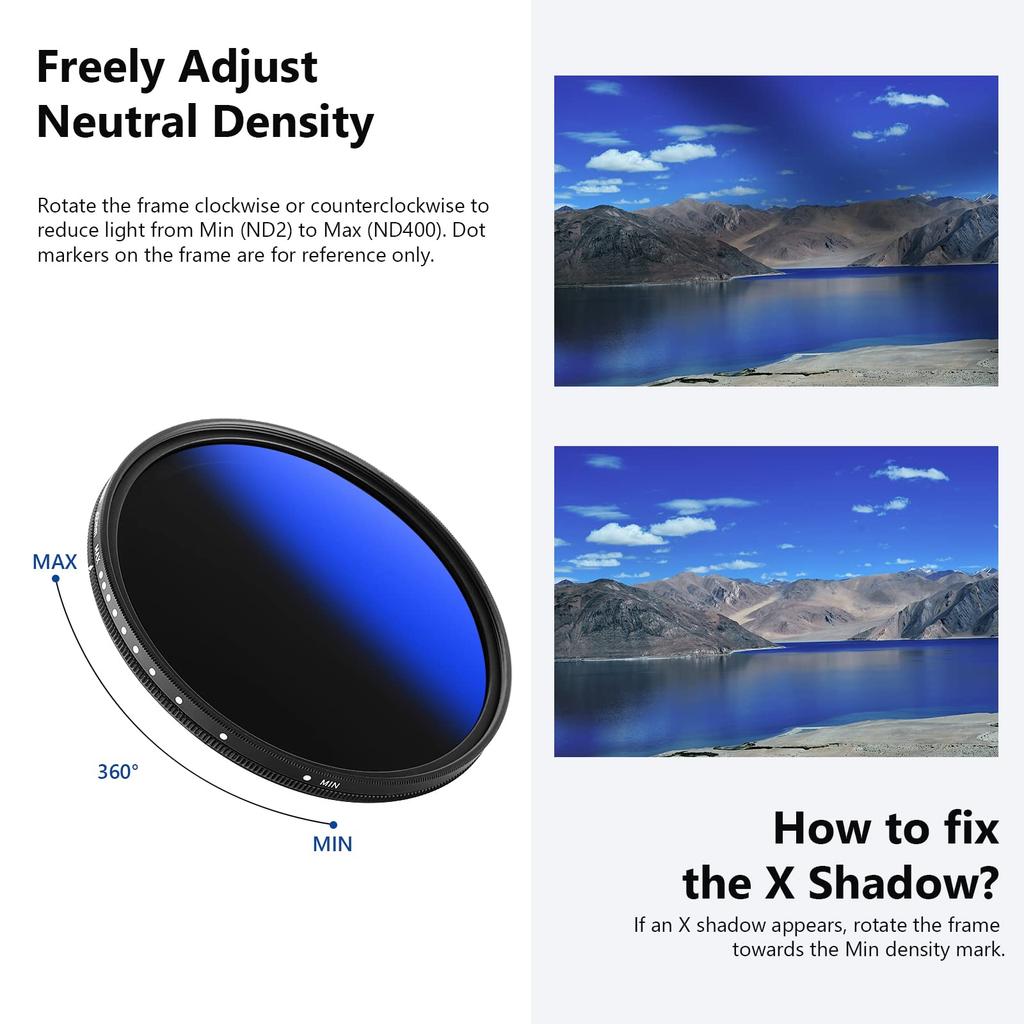 NEEWER 62mm MRC Variable ND Filter Adjustable Neutral Density Coated Optical Filter ND2-ND400, (0.3-2.7, 1-9 Stops), Multi-Layer Glass, Waterproof,