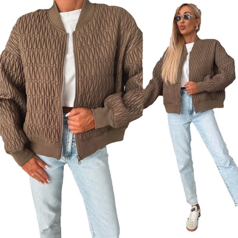 Women's 2024 Autumn/Winter Solid Color Embroidered Short Zip-up Jacket Cotton-padded Coat