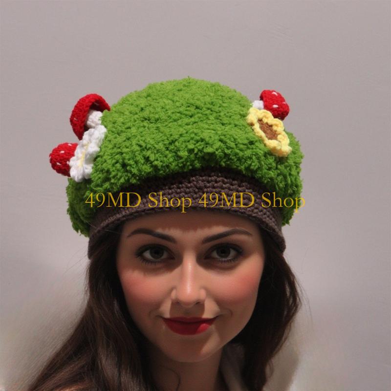 49MD Lovely Mushroom Theme Skull Cap Women DressingUp Event Photo Props Warm Headwear