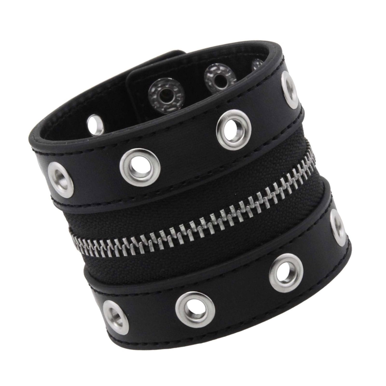 

Панк-стиль Широкий кожаный браслет с шипами и функциональной молнией для дерзких модных аксессуаров чёрный