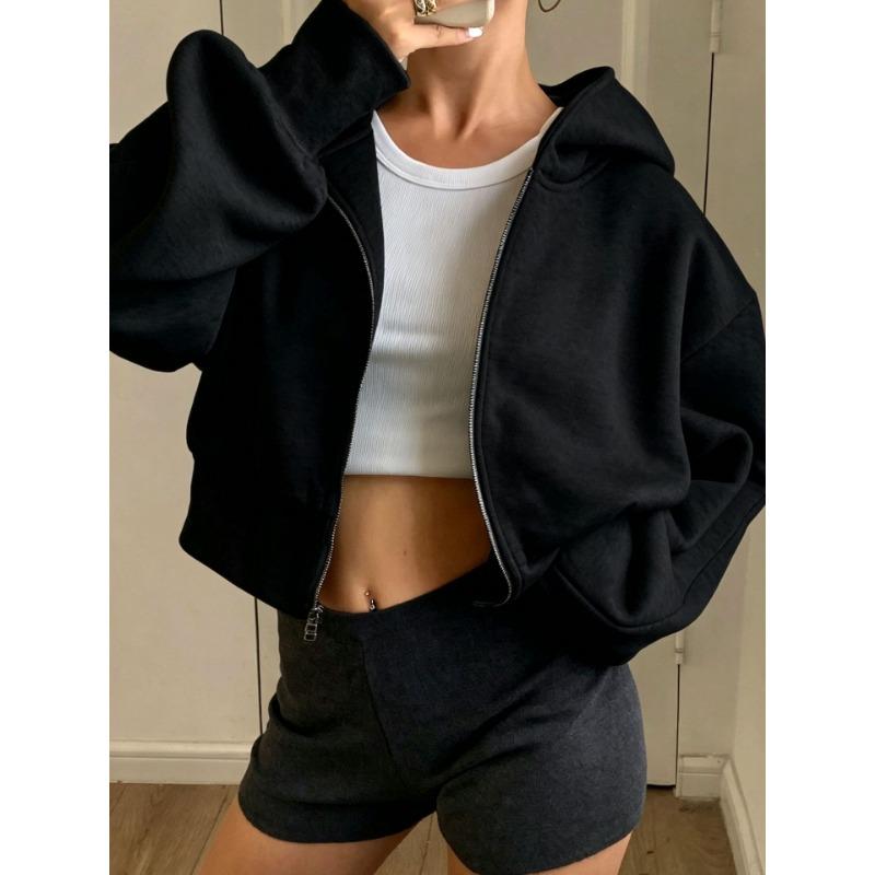 Women Short Zip Up Hooded Cardigan Batwing Sleeve Loose Streetwear Solid Color