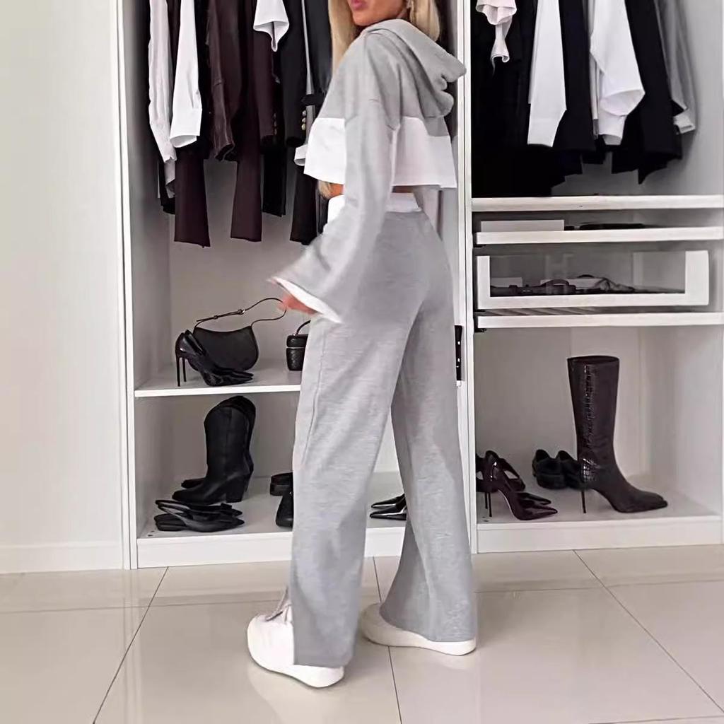 Nowy Modny Damski Zestaw Bluza z Kapturem Color Block i Długie Spodnie ze Sznurkiem