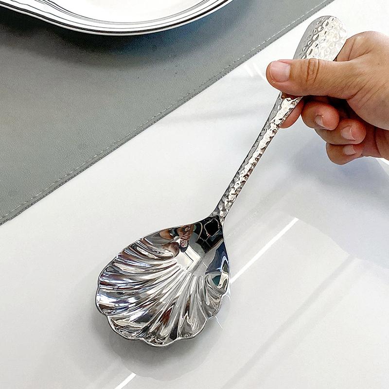 1pc Shell Shape Stainless Steel Spoon With Long Handle Ladle Restaurant Dessert Spoon Ice Cream Scoops Kitchen Accessories Tool