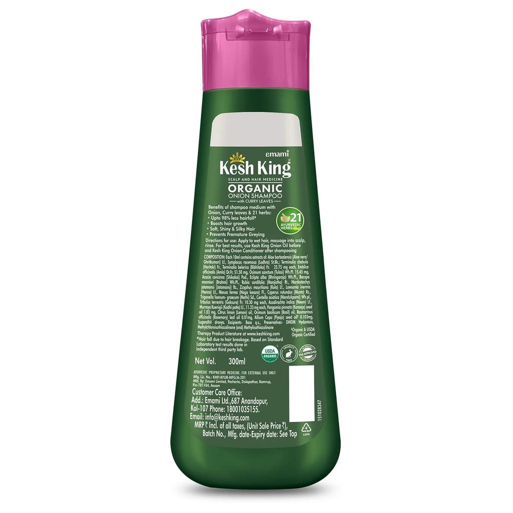 Kesh King Organic Onion Shampoo For Hair Fall Control & Growth, Smooth & Shiny Hair With Curry Leaves – 300ml Bottle