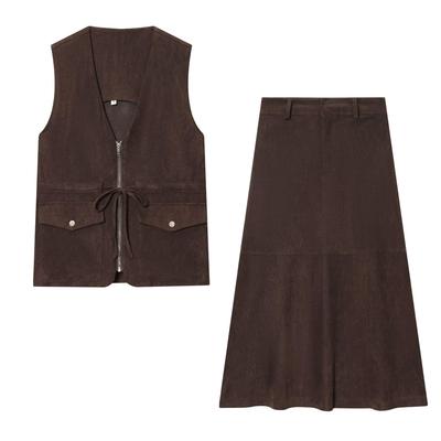 European and American Style Suede Texture Vest and Midi Skirt Set - Autumn Collection