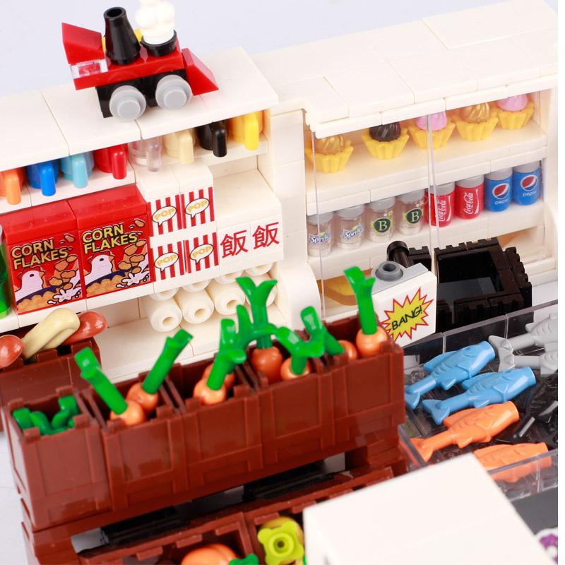 MOC Bricks Accessories City Supermarket Shop Store Building Blocks Street View Drink Food Vegetable Food Dessert Blocks Printed