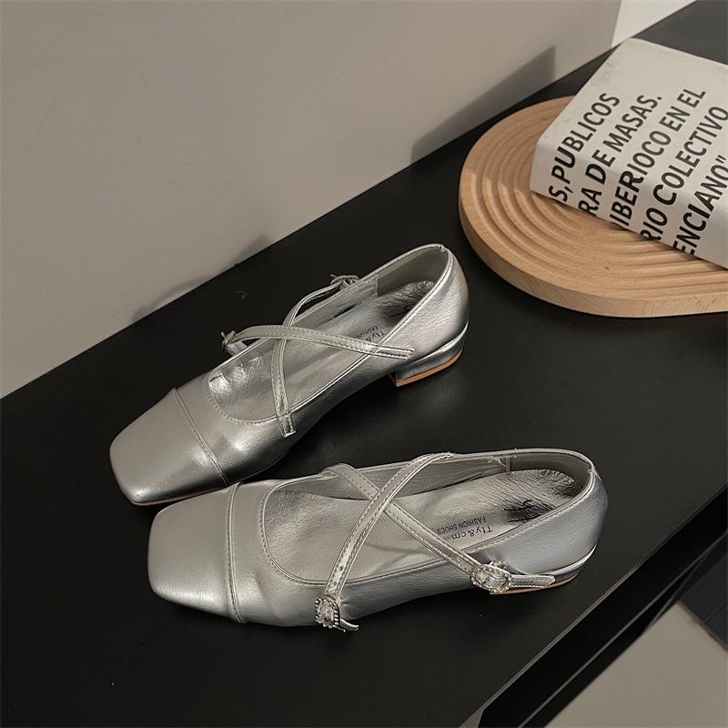 Silver Mary Jane Shoes Women's Shoes Spring and Autumn New Thick Heel Light Mouth Fairy Shoes Evening Breeze Gentle  Shoes