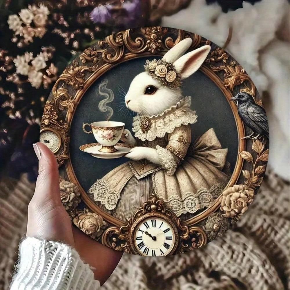 Vintage Round Metal Sign Rabbit Clock 20x20cm Home Wall Art Decor