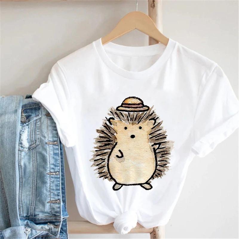 Pink Women Tshirts Casual Cute Cartoon Hedgehog Floral Graphic Print Female Tee Tops Harajuku Fashion Short Sleeve T Shirt Femme