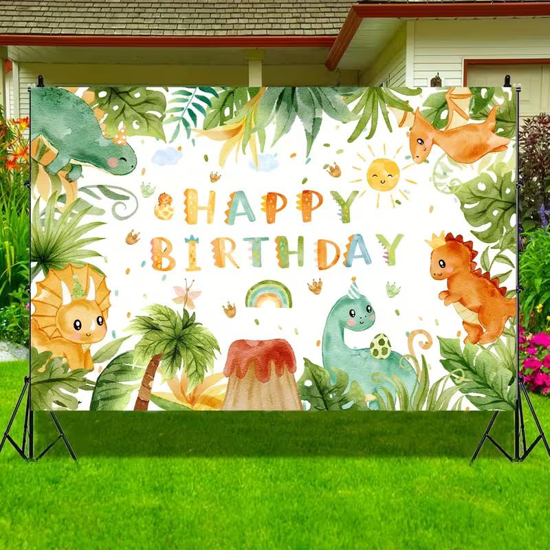 Cute Watercolor Dino Birthday Backdrop, Kids Birthday Photography Background Cloth with Jungle Plants & Volcano