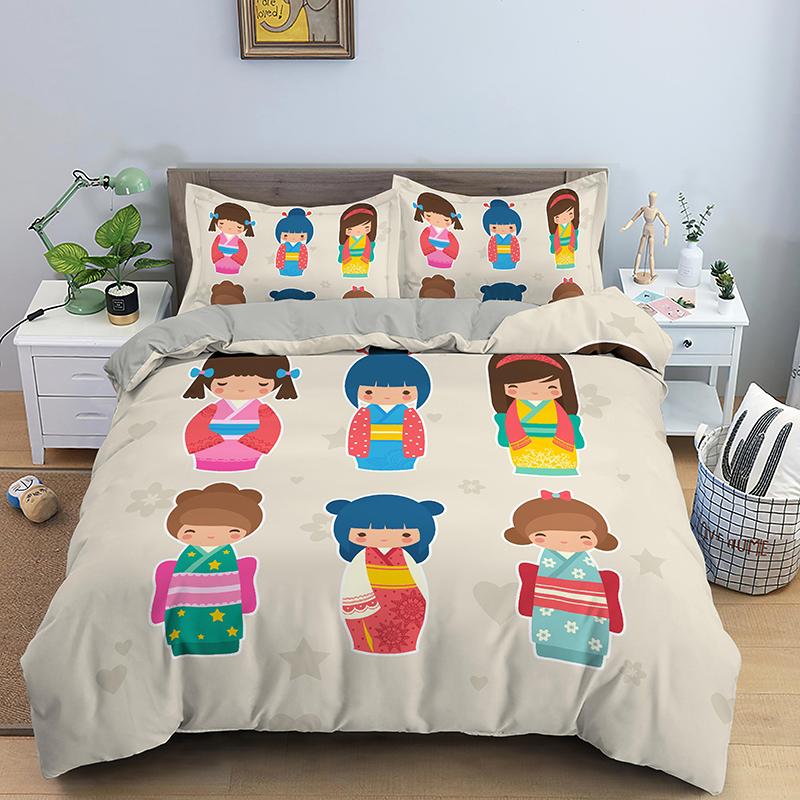 Japanese Doll Printed King Queen Duvet Cover Cartoon Lucky Cat Bedding Set For Kids Girls Fan White 2/3PCS Polyester Quilt Cover