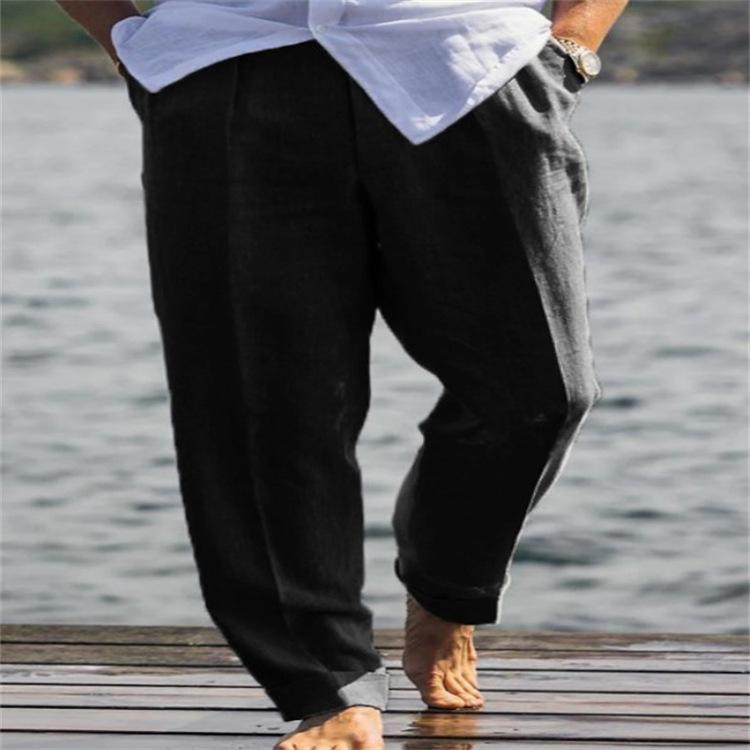 

Мужские льняные брюки молодежные прорезные карманы однотонные свободные повседневные удобные дышащие брюки для активного отдыха L чёрный
