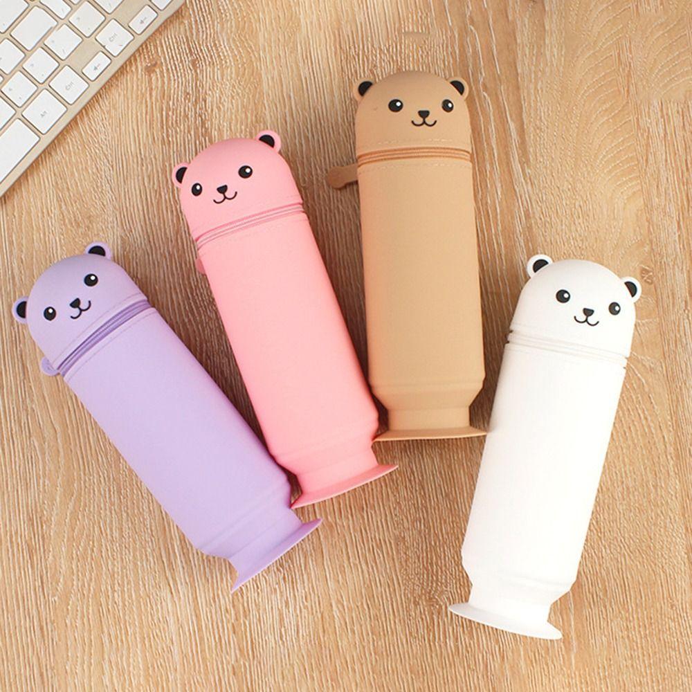 Silicone Cartoon Bear Pencil Case Soft Stationery Box Round Pencil Holder Pencil Pouch  Student
