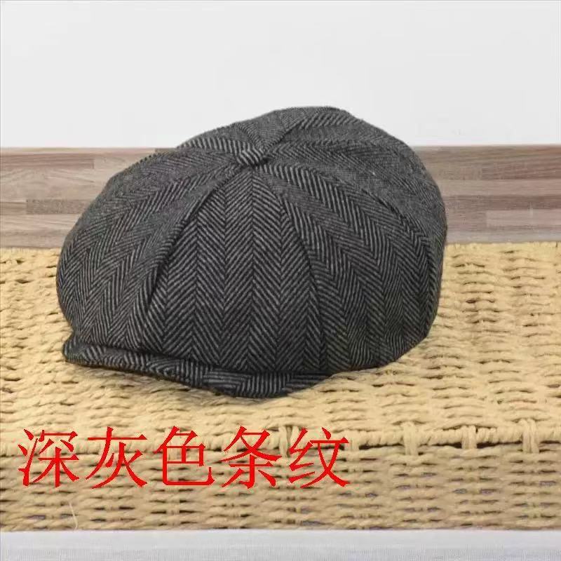 

Winter British Retro Warm Newsboy Caps M/L Big Size Vintage Woolen Octagonal Hats Man Women Casual Fashion Striped Painter Hat L темно-серого