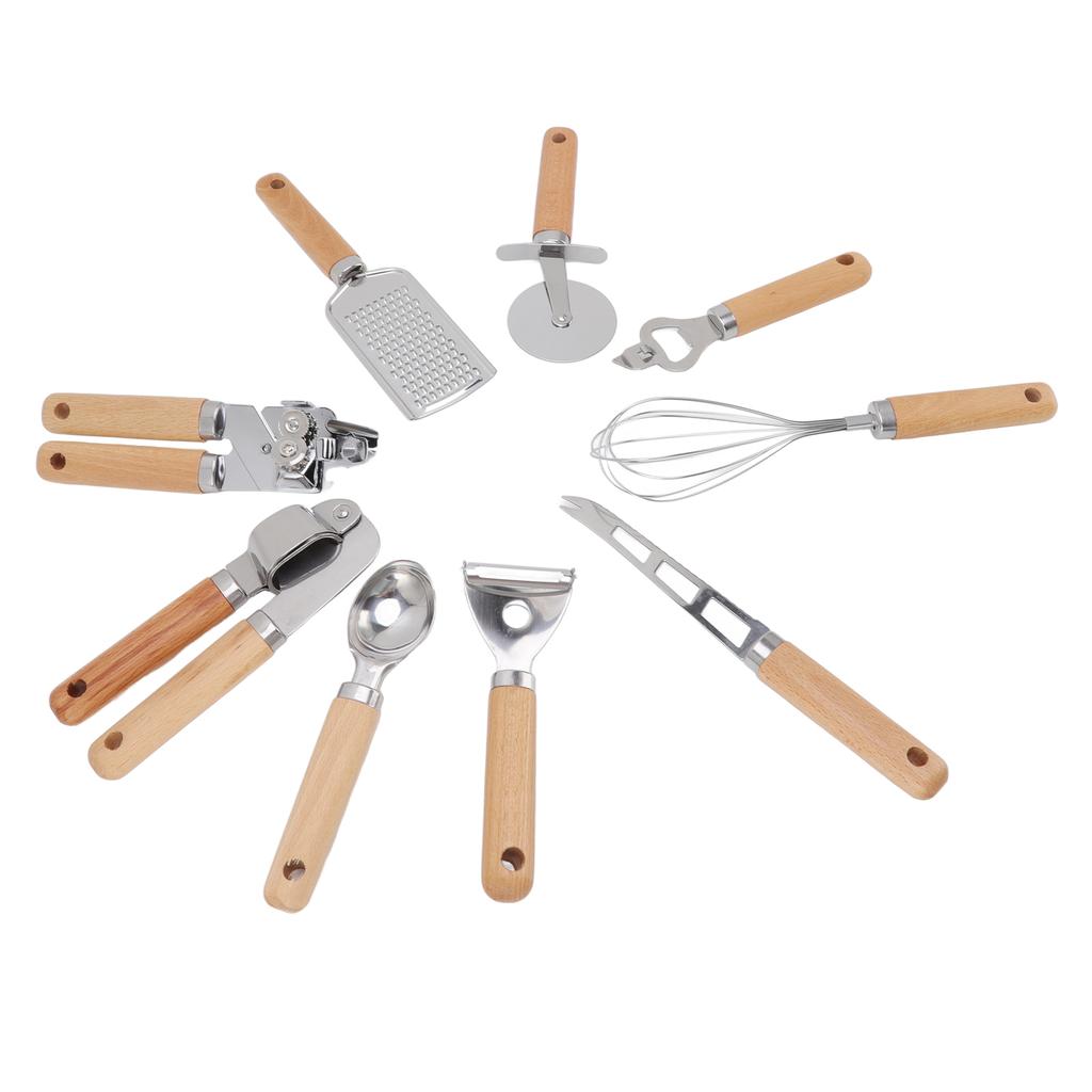 9pcs Kitchen Utensils Wooden Handle Stainless Steel Easy Cleaning Wear Resistant Colorful Package Co
