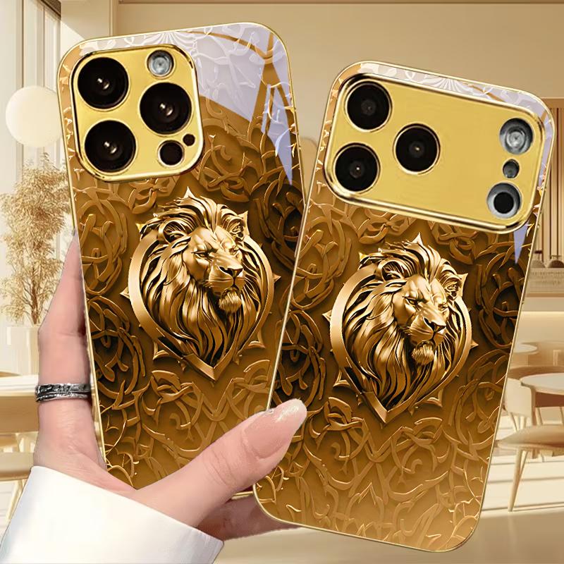 Golden Lion Shield Electroplated Golden Phone Case For iPhone 14 17 16 15 13 12 11 Pro Max Plus 16E 17Air XR 7 8 XS Back Cover