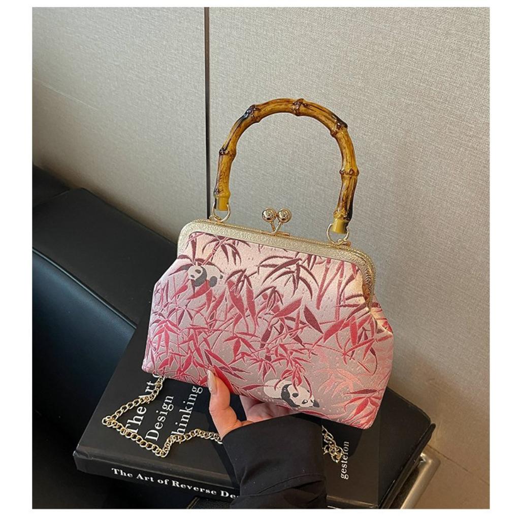 Handbag Women Cloth Bamboo Handle Panda Print Daily Commute