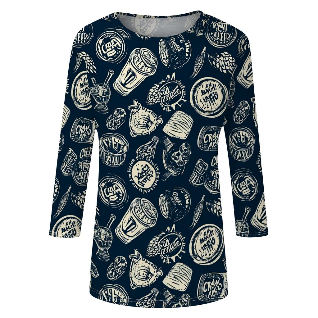 Womens Casual Crewneck Three Quarter Sleeve Relaxed Fit Printed T Shirt Top with Festival Themed Pattern for Daily Wear