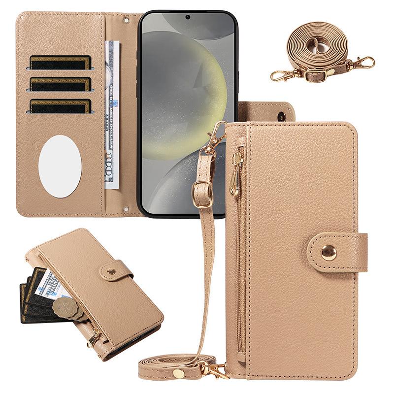 The new flip mirror zipper mobile phone case is suitable for Samsung S25 long lanyard mobile phone fashion protective case.