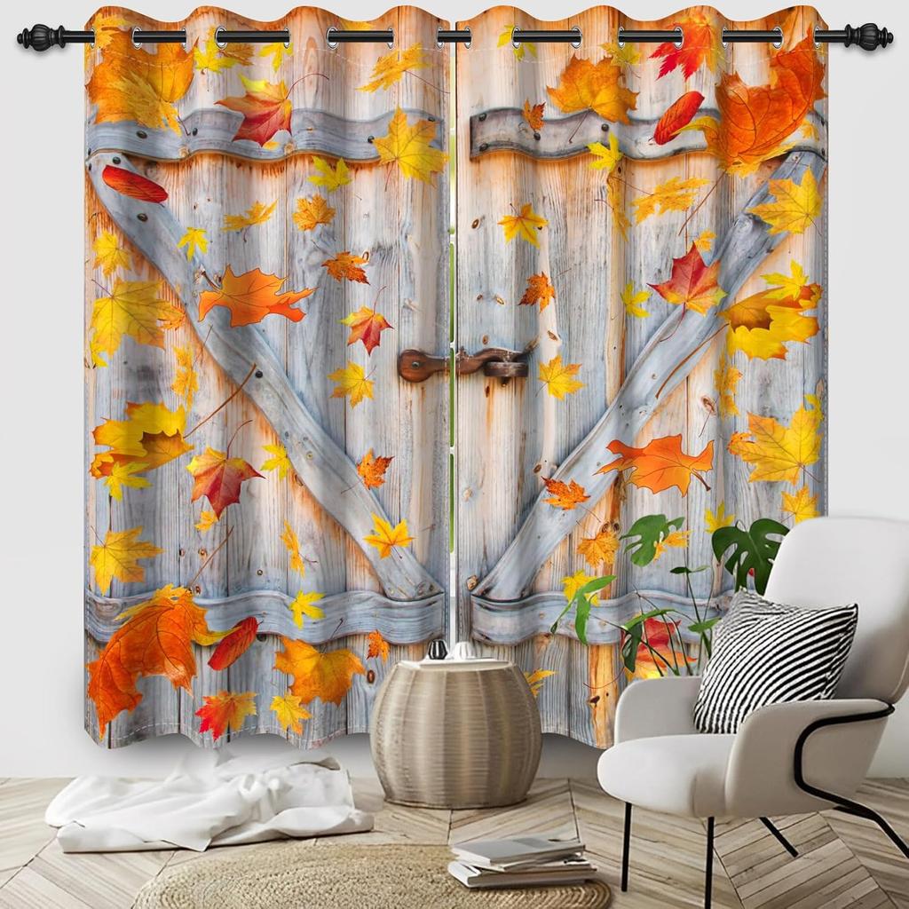 Orange Yellow Leaves Curtain Fall Scenery Forest Trees Window Drapes Panels Set Patio Office Living Room Curtains Light Blocking Polyester Great Decor