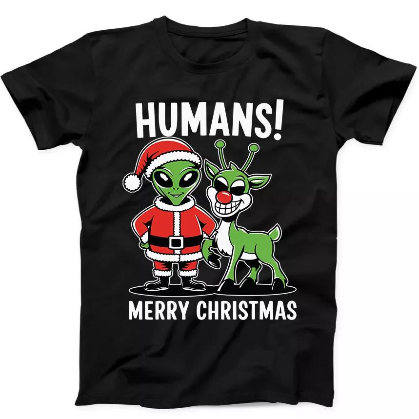 Christmas Humans Merry Xmas Alien Gift Black T Shirt 241