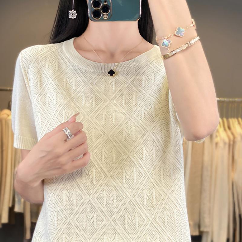 

Новый летний свитер из ледяного шелка с круглым вырезом для женщин, футболка с коротким рукавом, жаккардовый, свободный, универсальный, вязаный базовый свитер XXL бежевый