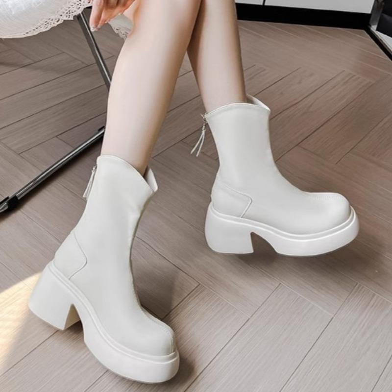 

Модные женские туфли на высоком каблуке, ботильоны, зимняя мода, обувь на толстом каблуке, туфли-лодочки, новый тренд 2025, готический стиль, женская повседневная обувь, челси, короткие ботильоны 40 бежевый