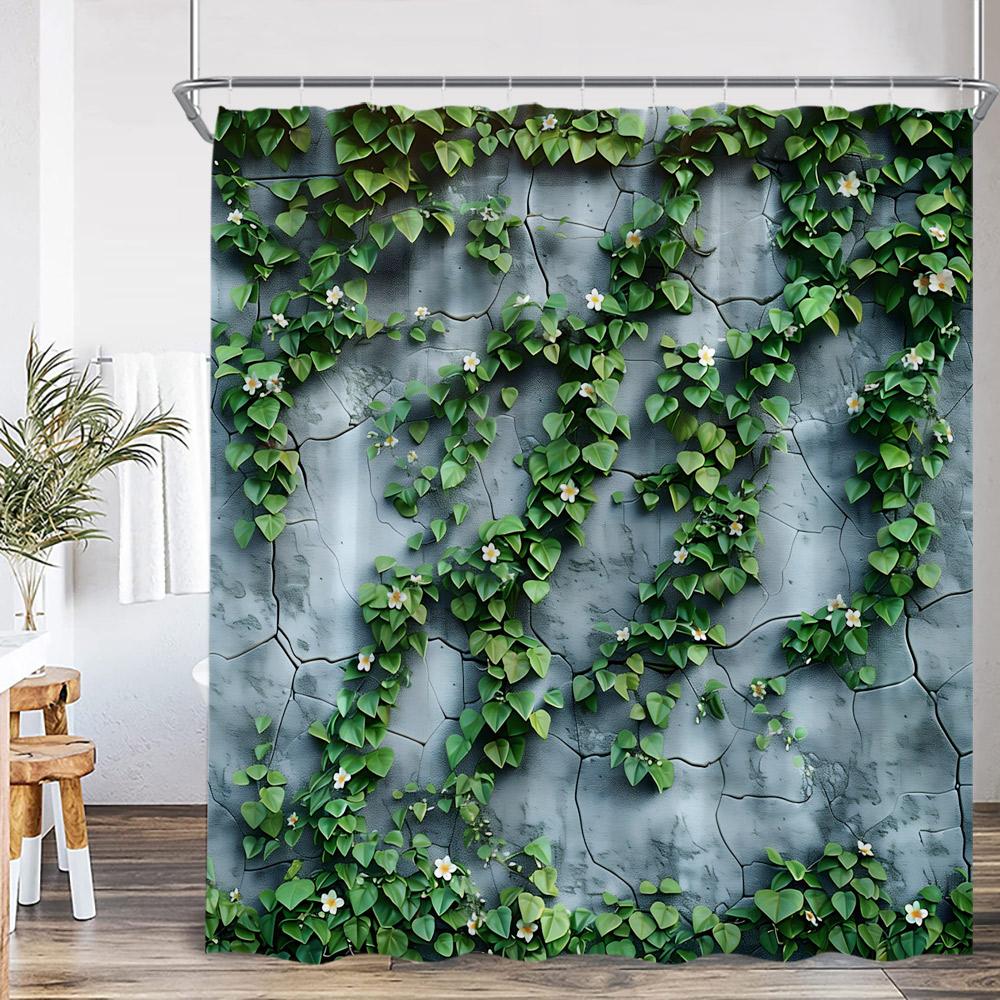 Green Vine Gray Wall Shower Curtain Green Leaf Plant White Purple Flower Nature Bathroom Decor Polyester Fabric Bath Curtain