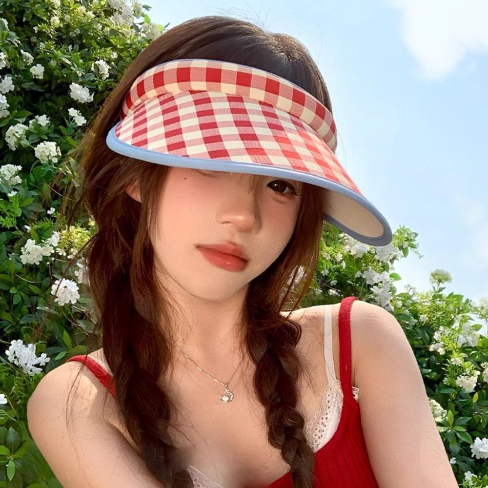 Breathable Summer Empty Top Cap Plaid Print Sun Protection Hats Simple Large Brim Sun Hat  Fishing