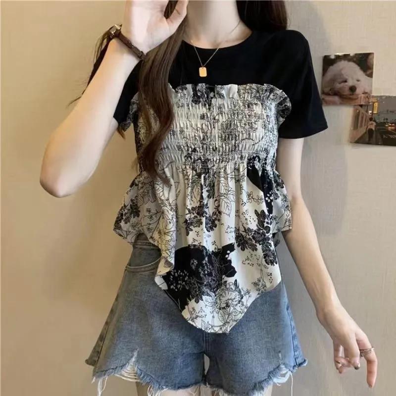 Irregular Fake Two-piece Printed Short-sleeved T-shirt for Women in Summer Plus Size Slimming Design Sexy Street Shirt Top