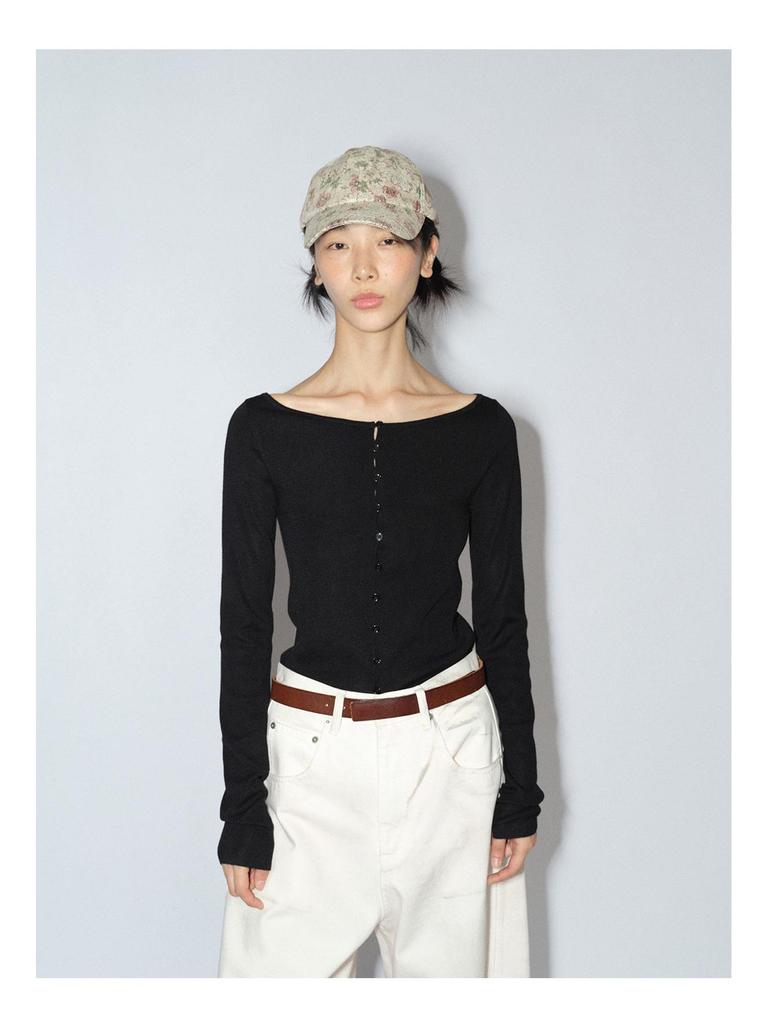 [Shi Shi] Women's Slim Fit Wool Cardigan - Boat Neck, Single-Breasted, Long Sleeve, Slightly Elastic, V8141