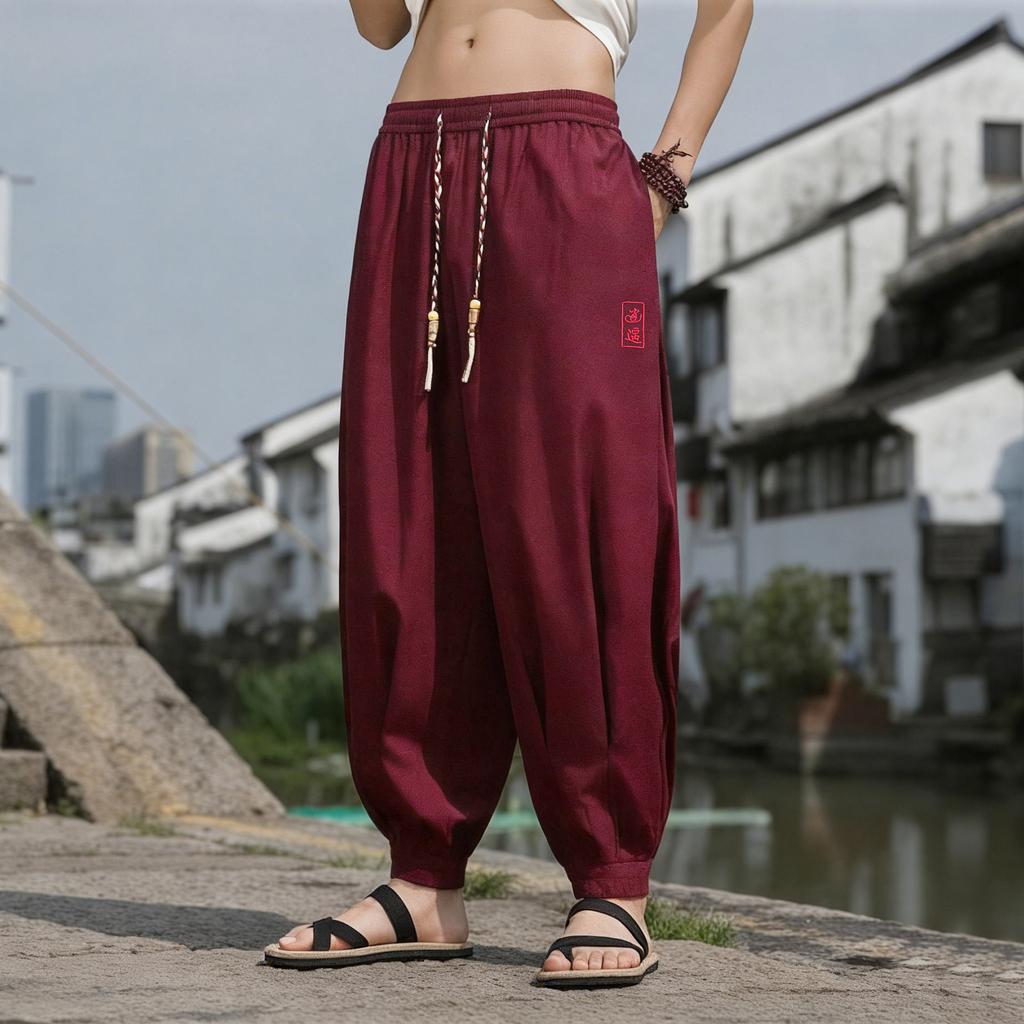 Chinese Style Beach Pants Men's Loose, Wide Leg, Leg Tied Cropped Pants