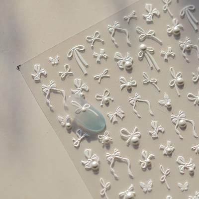 1 Sheet Elegant White Bow & Nail Art Stickers 5D Self-Adhesive Tape for DIY Manicure Shiny Floral & Ribbon Designs, Creative Nail Designs