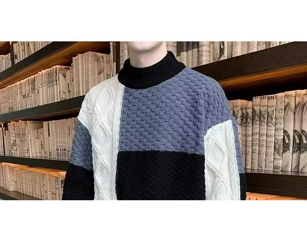 Men's Plus Size Color Block Sweater - Loose Fit, Korean Style, Round Neck Pullover for Autumn and Winter